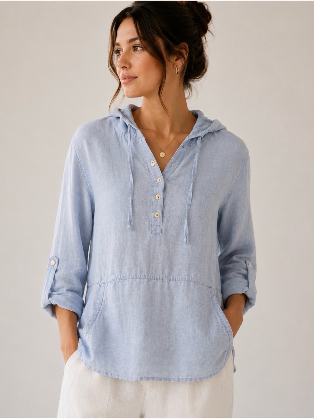 Tahari 100% Linen Hooded Popver Top Light Blue Women’s Small cottagecore/ beach - Picture 1 of 2